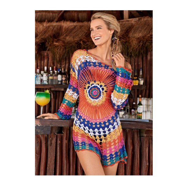 Crochet knitted mesh beachwear swim cover up resort robe - Picture 4 of 6
